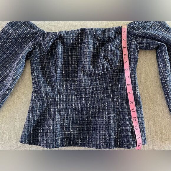ZARA Navy Tweed Off Shoulder 3/4 Bell Sleeve Cropped Top Blouse Size Small NEW - Picture 9 of 10